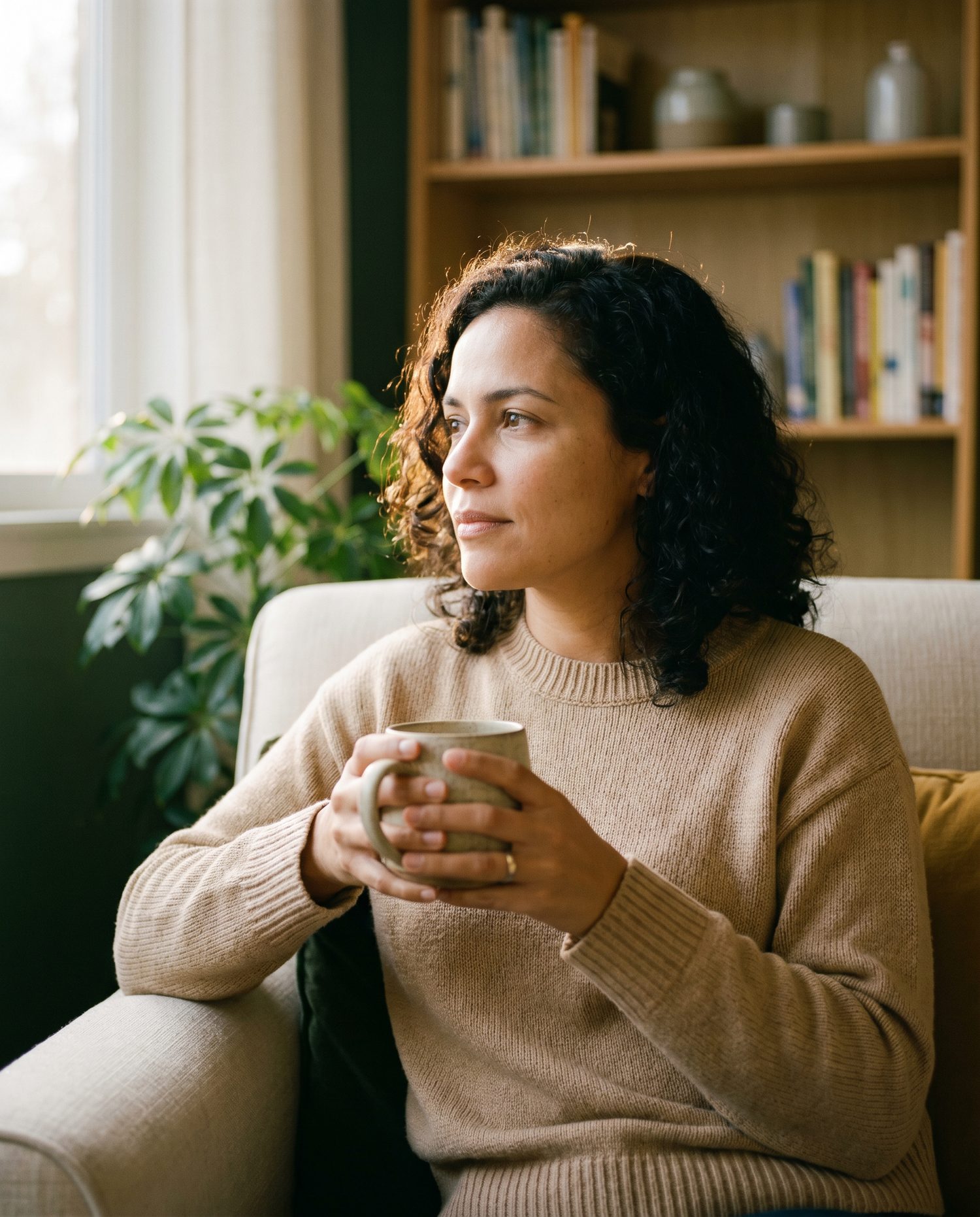 Terapeuta sentada em uma poltrona segurando uma xícara, em luz natural quente, com estante de livros e plantas ao fundo