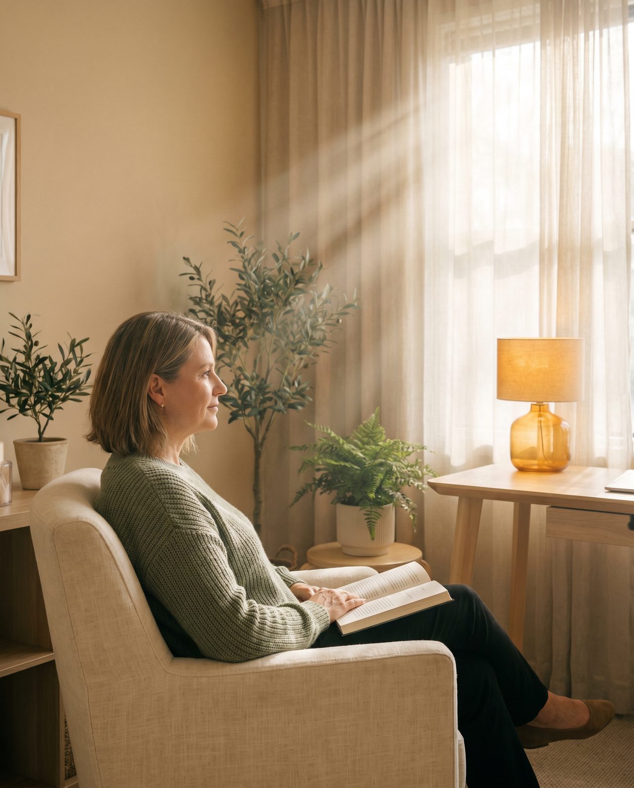 Terapeuta de perfil lendo um livro junto a uma janela, em um consultório acolhedor com luz natural quente